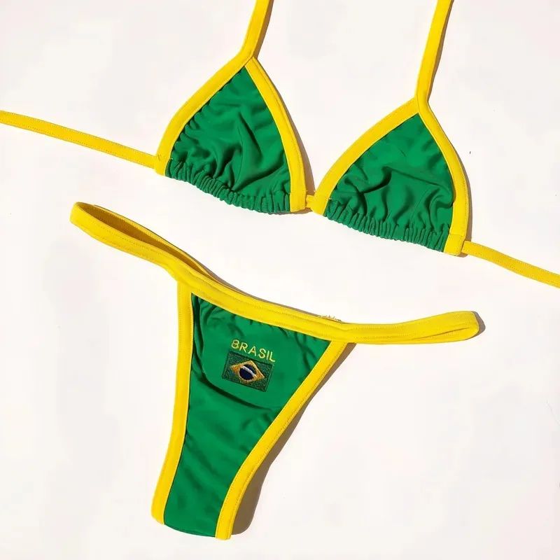 Embroidered Brazil Flag Bikini Set Contrast Patchwork Low Waist Beach Swimsuit green 8 10