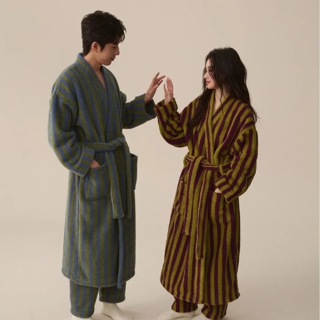 Thickened Flannel Robe & Pants Pajamas Set Professional Autumn Winter Striped Couples Home Clothes men Robe A m