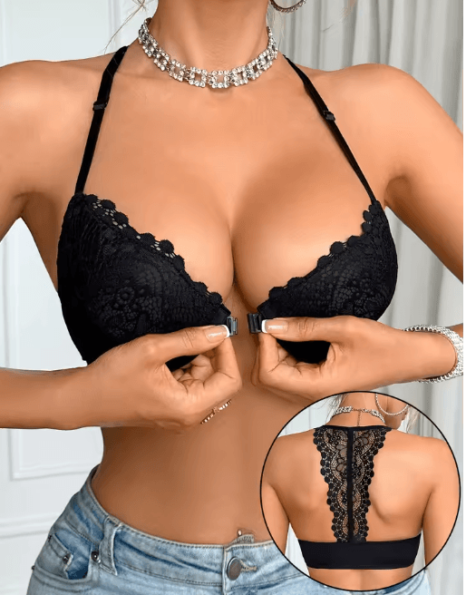 Fashion Lace Splicing Front Clasp Push Up Bra For Women black 90b(us 40b)