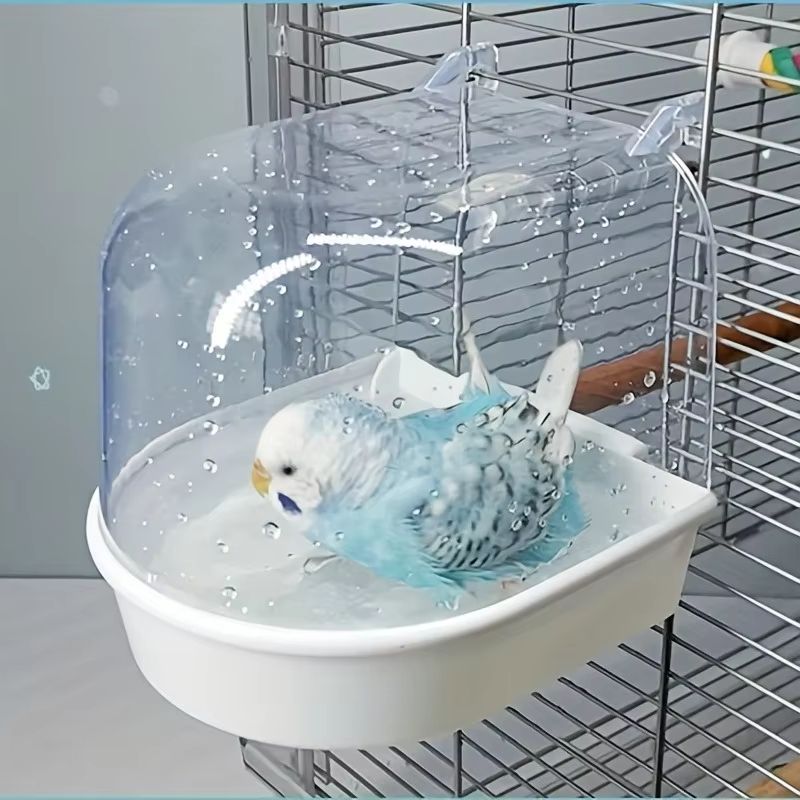 Transparent Splash Proof Bird Bath Tub For Cage With Easy Grip Handle blue