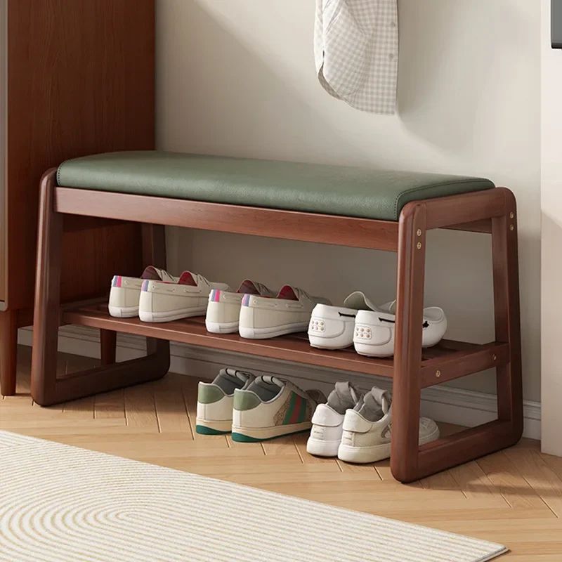 Rattan Woven Shoe Bench With Solid Wood Frame Entryway Multi Layer Storage Stool walnut Colorn 50cm M