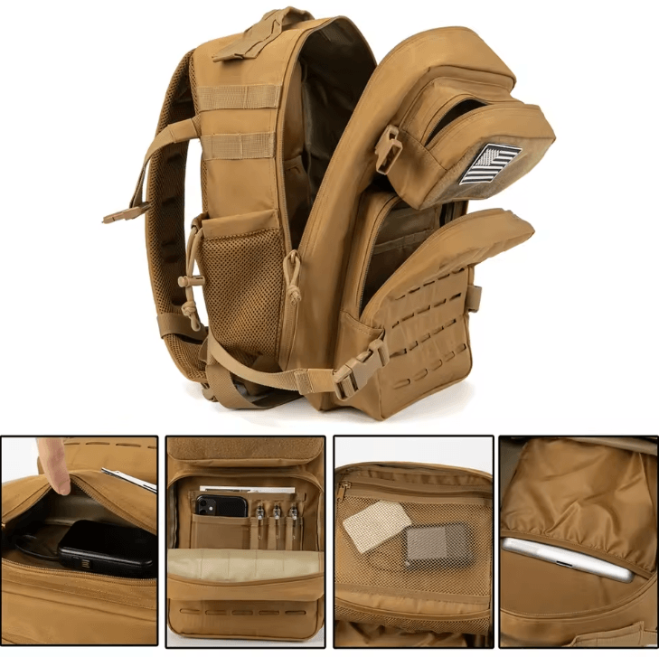 25L Tactical Backpack MOLLE Outdoor Survival & EDC Rucksack For Hiking, Fitness & Travel khaki