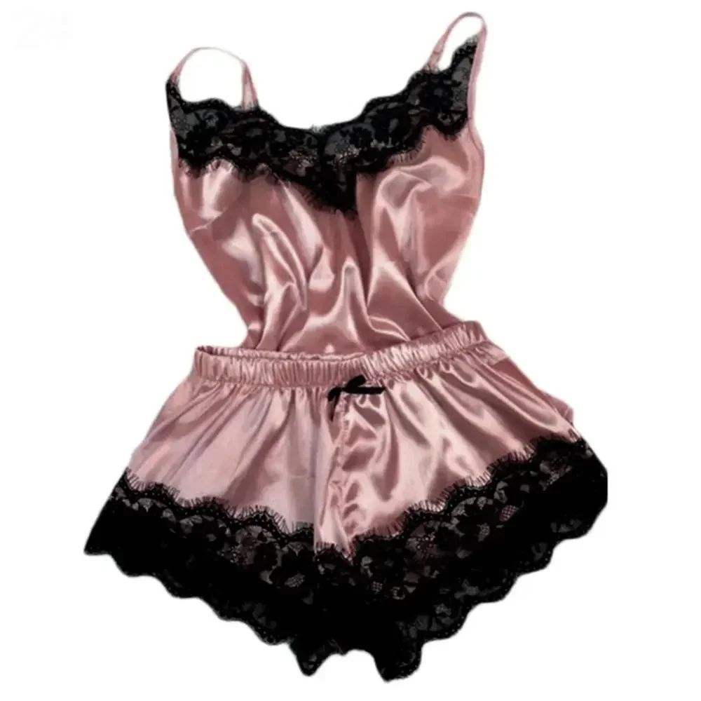 Women Satin Lace Sleepwear Set With V Neck Cami Top And Shorts black m