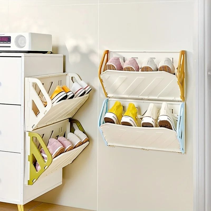 Wall Mounted Foldable Shoe Rack With Hidden Storage Shelf white