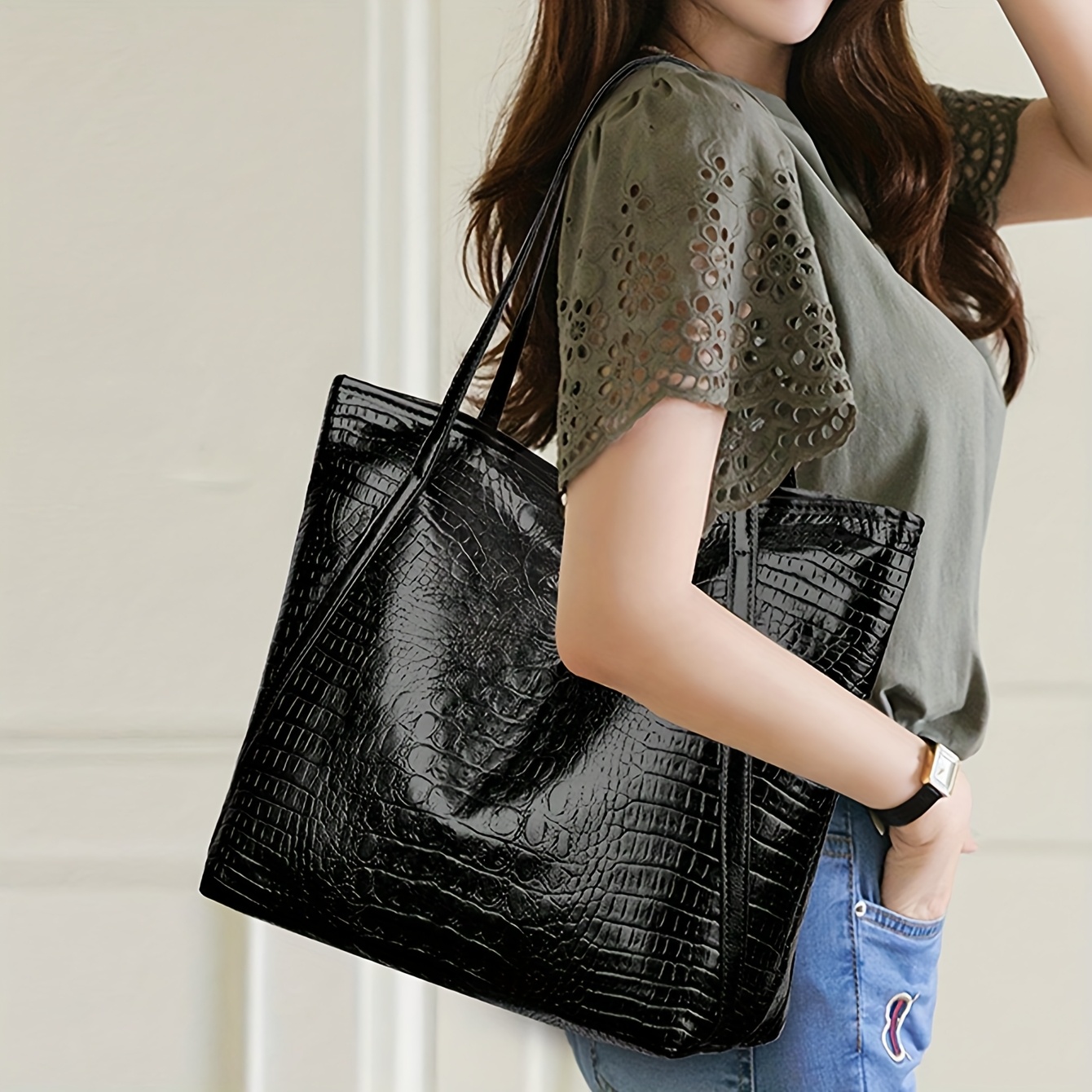 Retro Crocodile Pattern Women's Tote Bag, Stylish Handbag Shoulder Bag, Perfect For Work & Commuting black