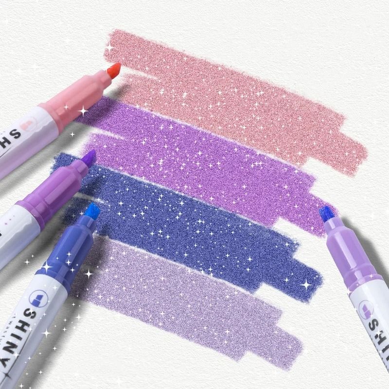 4 Color Glitter Highlighter Markers Premium Kawaii Shimmer Stationery For Students And Journaling 6 Pcs In 3 Styles