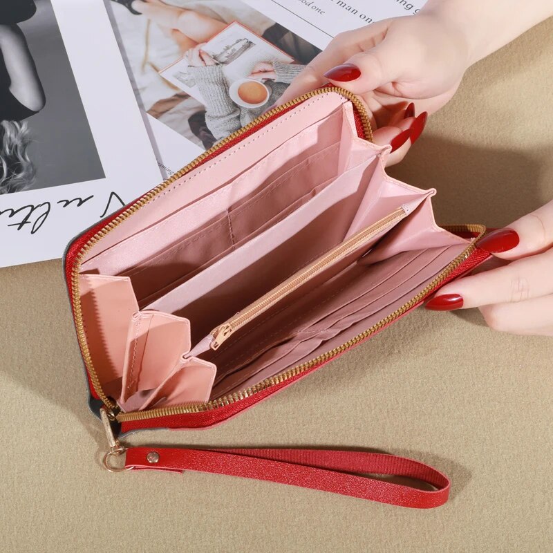New Long Womens Zipper Wallet Stylish Korean Splicing Color Contrast Tassel & Rivet Detail dark Pink