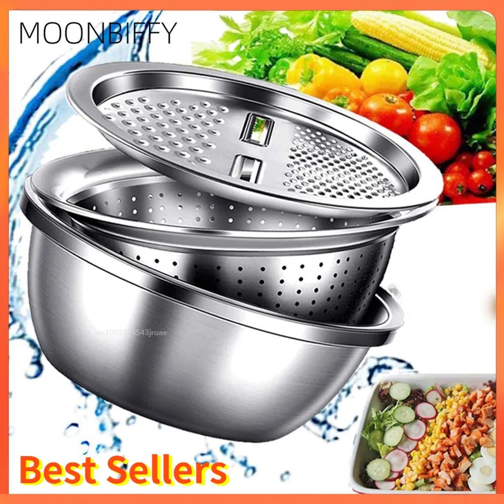 3 in 1 Stainless Steel Grater Bowl With Drain Basket Rinse, Grate & Toss Faster 26cm 1 Set
