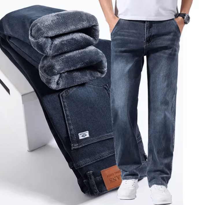 Mens Winter Warm Fleece Lined Stretch Casual Jeans Lightweight Thermal Trousers For Office & Daily Wear sky Blue 31