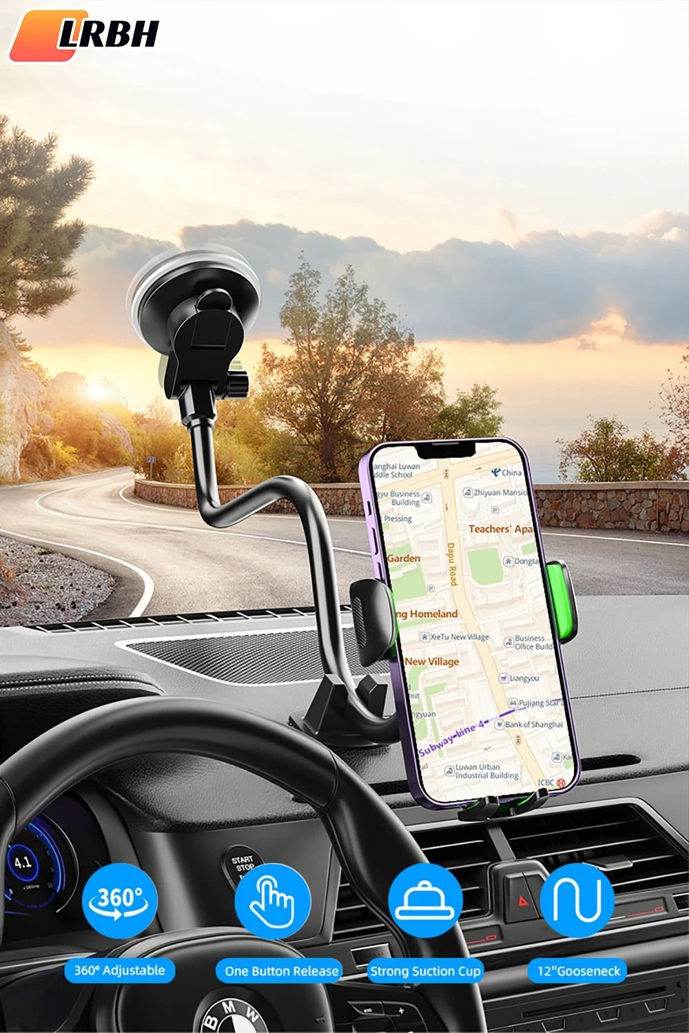 High Intensity Long Arm Suction Cup Car Phone Holder | Universal Windshield & Dashboard Mount For Trucks & Cars black