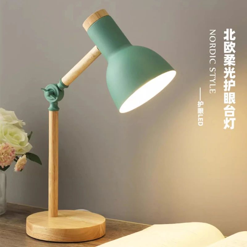 Nordic Wooden LED Desk Lamp Adjustable Head Eye Protection Bedside Light yellow uk Plug no Bulb
