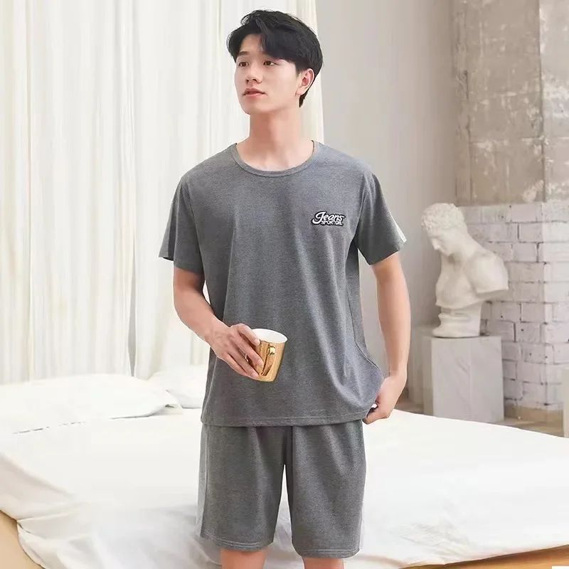 Mens Breathable Cotton Pajama Set Striped Short Sleeve & Shorts Summer Loungewear b l(50 60kg)