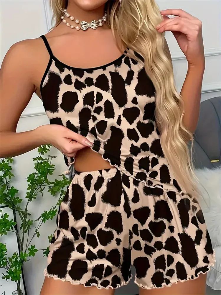 Women Summer Leopard Print Cami And Shorts Pajama Set black m(us 6)