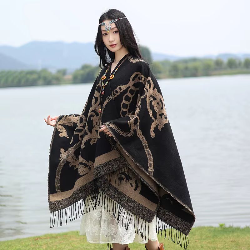 Luxury Jacquard Cashmere Poncho Cape, Thick Unisex Travel Shawl Wrap black