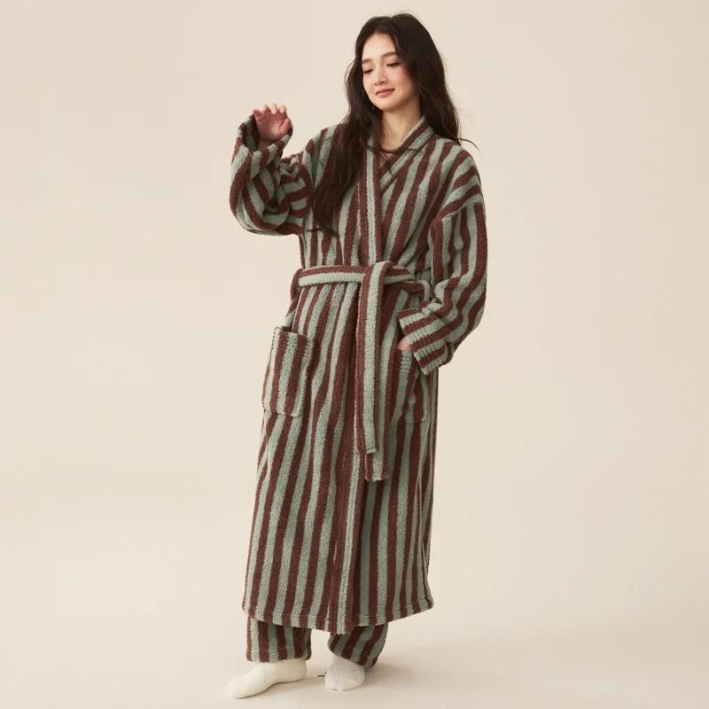 Thickened Flannel Robe & Pants Pajamas Set Striped Coral Velvet Couple's Bathrobe & Winter Homewear women Robe 4 l