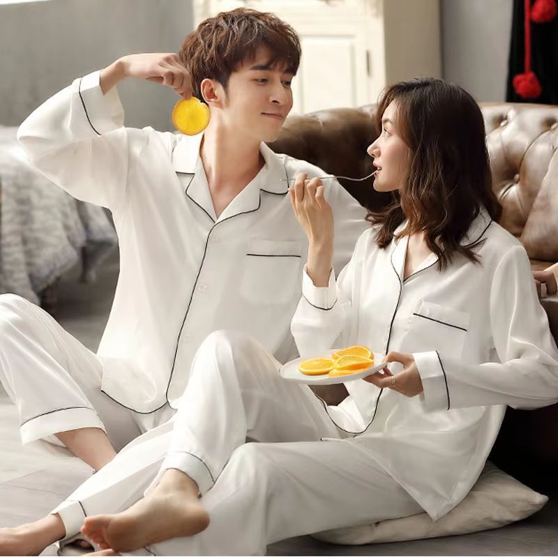 Silk Satin Couples Pajama Set Luxury Long Sleeve Button Down Sleepwear For Women And Men black F l