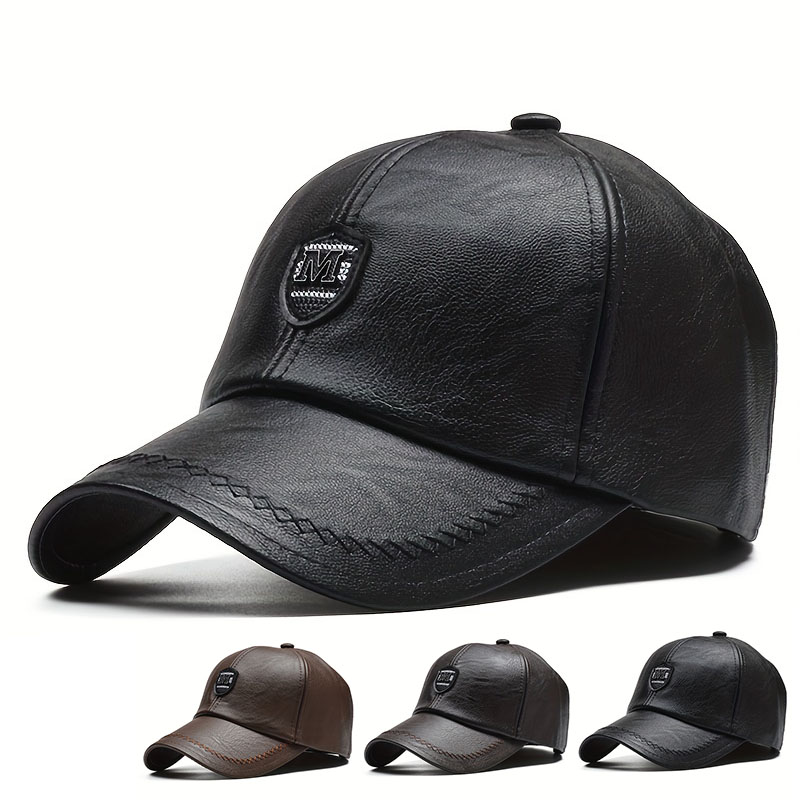 Warm Leather Baseball Cap, Fashion Men Snapback Hat, Adjustable Outdoor Sports Dad Cap For Autumn Winter brown