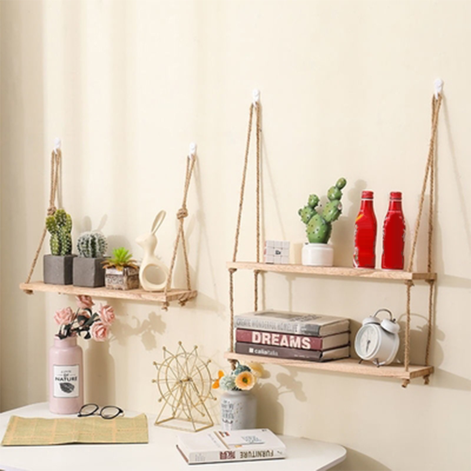 Wooden Floating Wall Shelf With Hanging Rope Ideal For Plants And Home Decor 1 tier