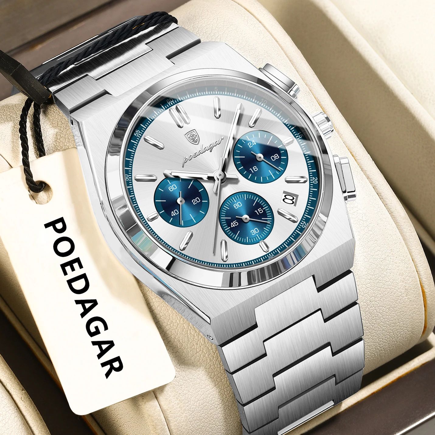 POEDAGAR Executive Chronograph Stainless Steel Men's Quartz Watch With Luminous Date gold Blue White