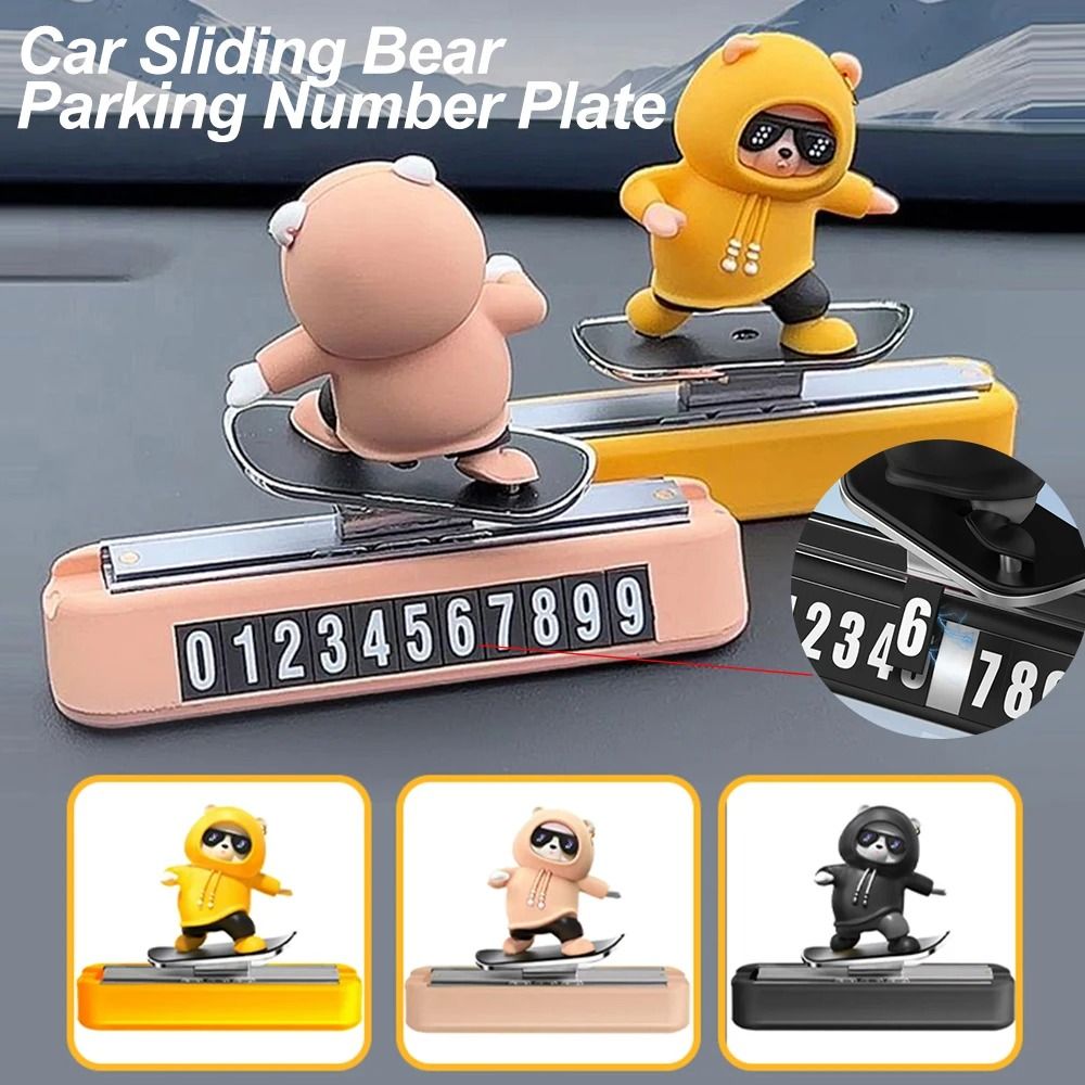 Creative Skateboard Bear Dashboard Ornament & Magnetic Parking Plate black Number Plate