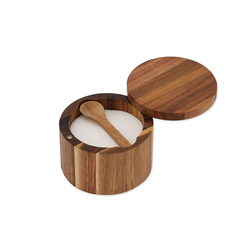 Acacia Salt Cellar With Swivel Lid, Acacia Wood Salt And Pepper Bowl Box With Lid And Spoon c