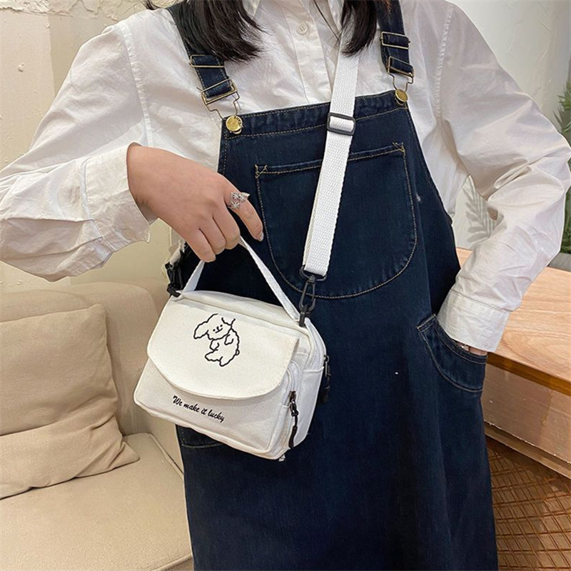 Teen Women Messenger Bag Cute Canvas Square Shoulder Bag For Girls Cartoon Design Mobile Phone & Wallet Holder white