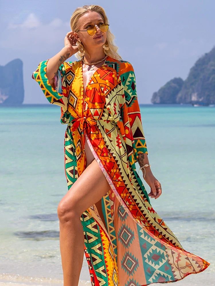 Boho Printed Long Kimono Beach Cover Up s one Size