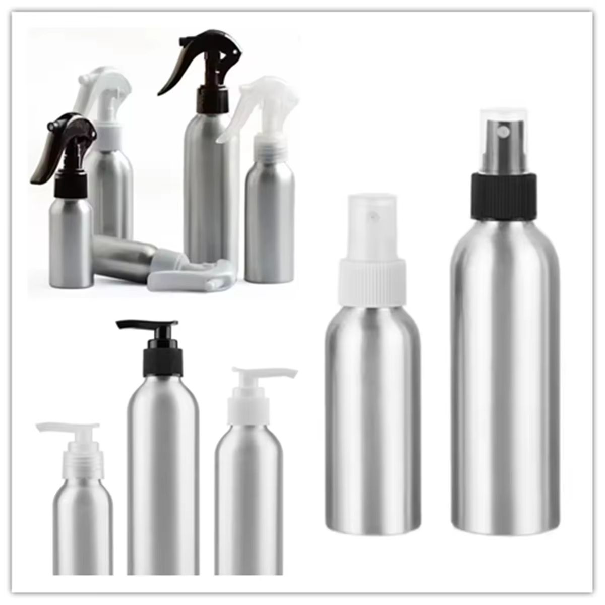 Multi Size Aluminum Spray & Lotion Bottle Set With Trigger, Fine Mist, And Pump Sprayer black Sprayer 4.06 Fl Oz