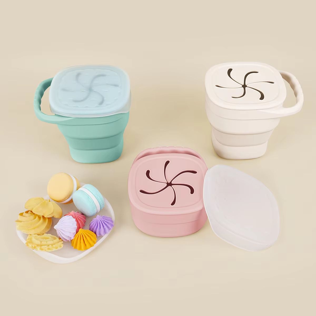 TYRY HU 4 Fl Oz Collapsible Silicone Toddler Snack Cups With Lids BPA Free Portable Food Storage beige