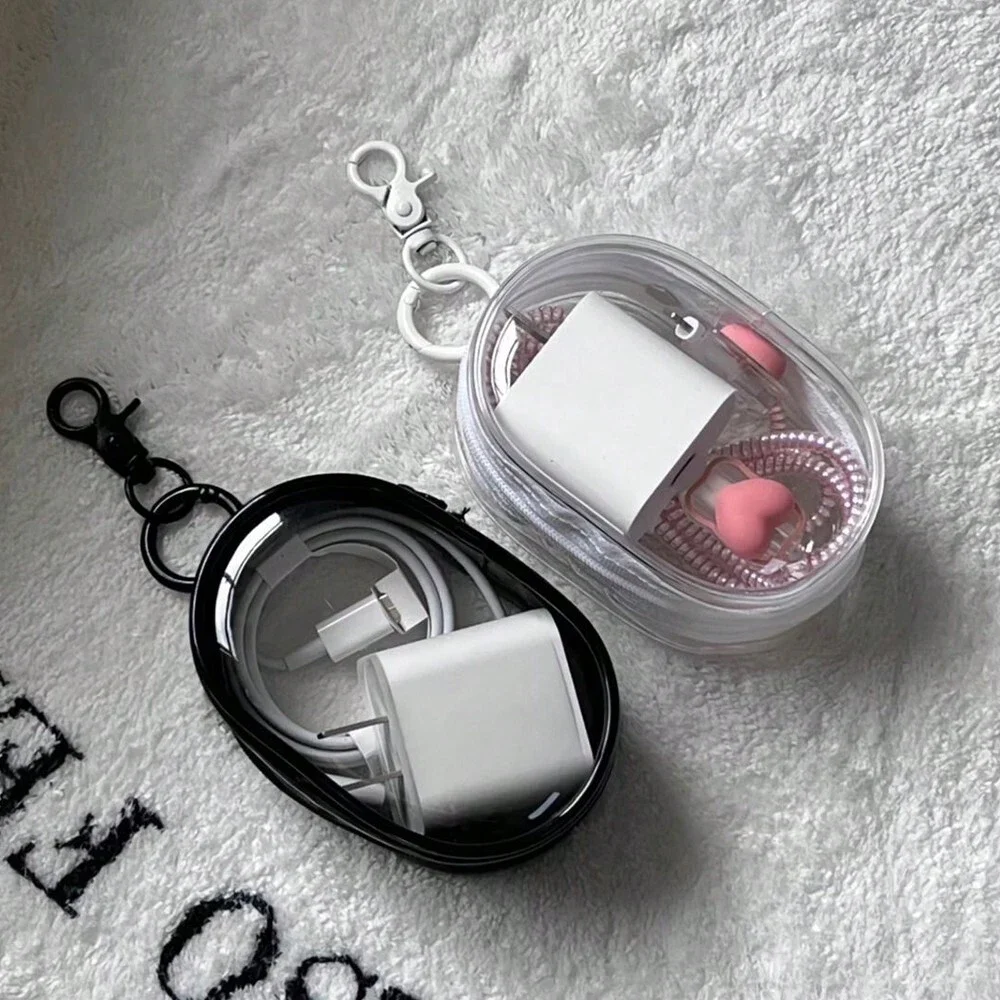 Portable Transparent Storage Bag With Zipper Multi purpose Headphone & Charger Case For Travel With Keychain black