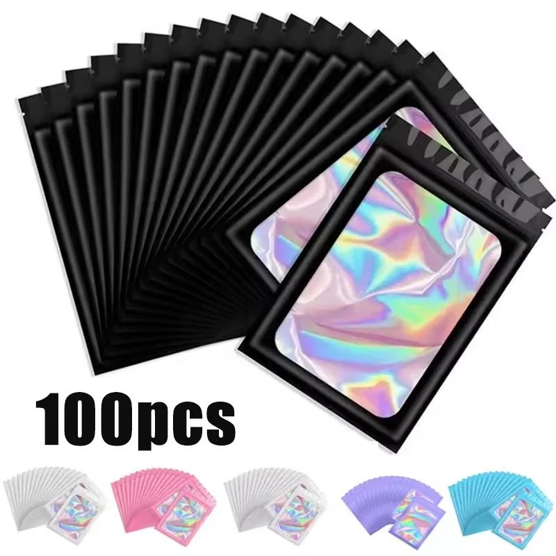 Holographic Iridescent Ziplock Bags Laser Finish Display Pouches pink 6.3 X 9.4 In