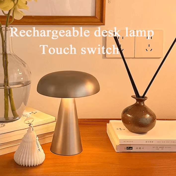 MushroomAura Rechargeable LED Table Lamp Retro Touch Sensor Bedside & Reading Light silver