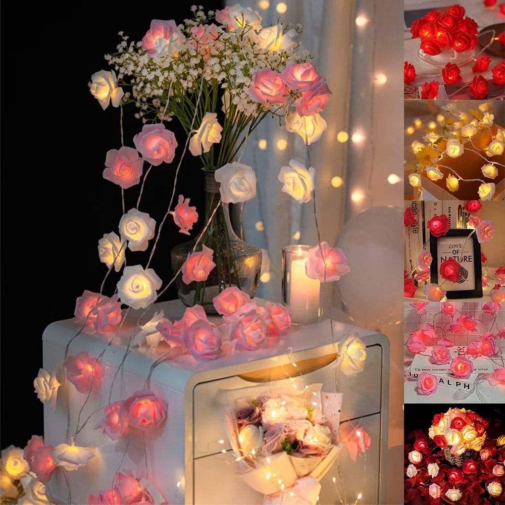 Rose Flower LED String Lights High Performance Battery Operated Garland For Weddings & Decor pink White