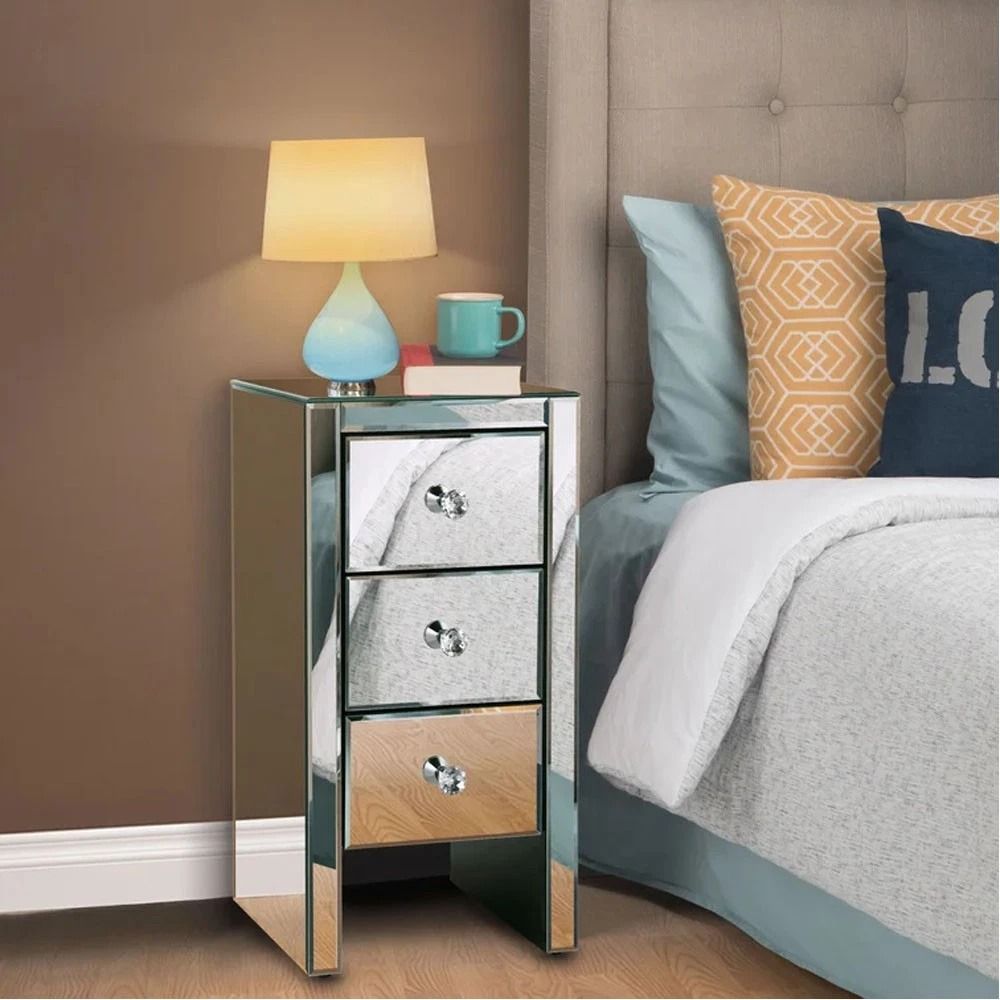 Crystal Mirrored Nightstand, Bedroom Accent End Table With 3 Drawers, New Crystal Mirrored Nightstand, Bedroom Accent End Table With 3 Drawers, New