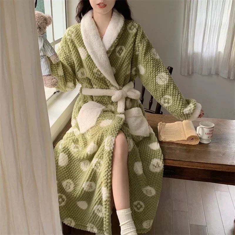 CozyLuxe Coral Fleece Long Bathrobe Women's Warm Winter Spa Robe & Nightgown light Green xl 132154 Lb