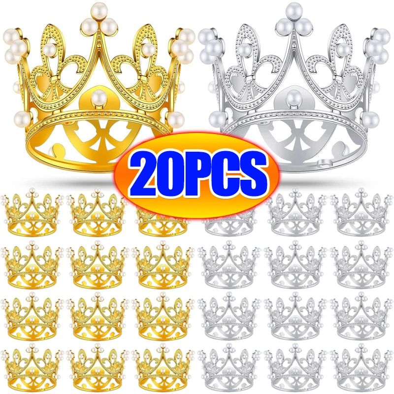 Mini Crown Pearl Cake Topper Tiara Decoration 10pcs gold