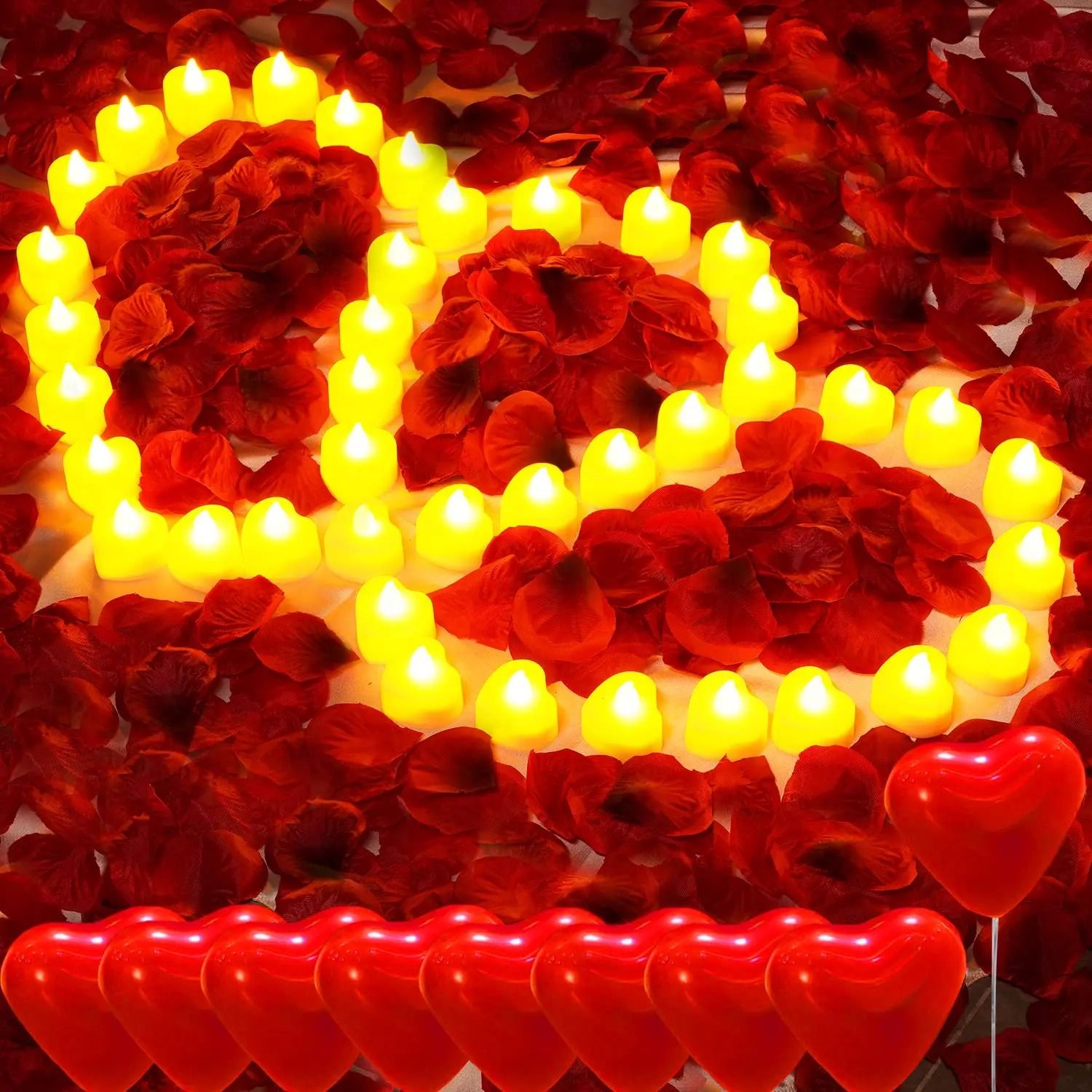 Heart Shaped LED Flameless Candles & Rose Petal Set 48pcs Candle