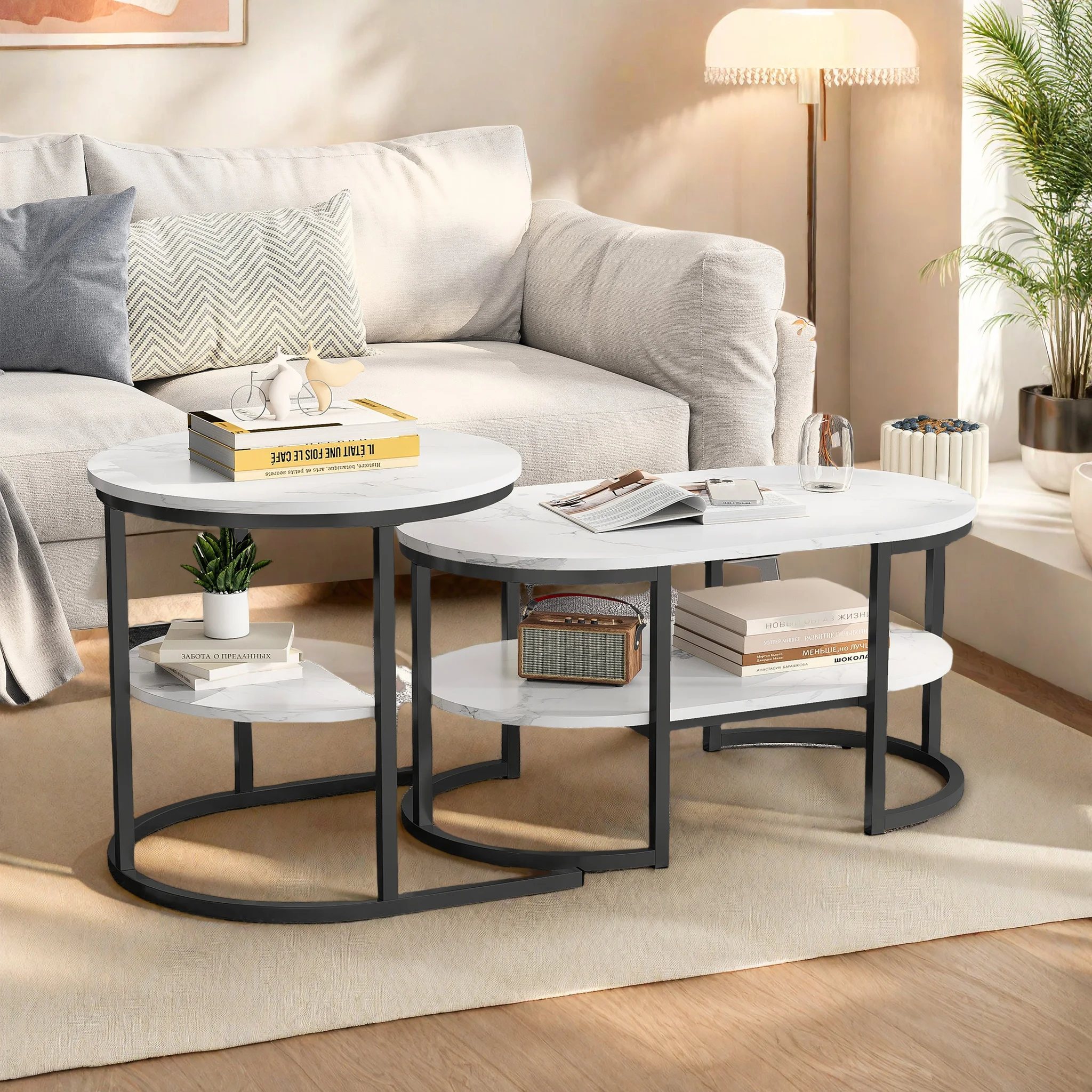 Anajqaqia Couchtisch-Set mit 2 Tischen, 2-in-1 Wohnzimmertisch mit Stauraum, Moderner Sofatisch, Beistelltisch-Set mit Metallrahmen