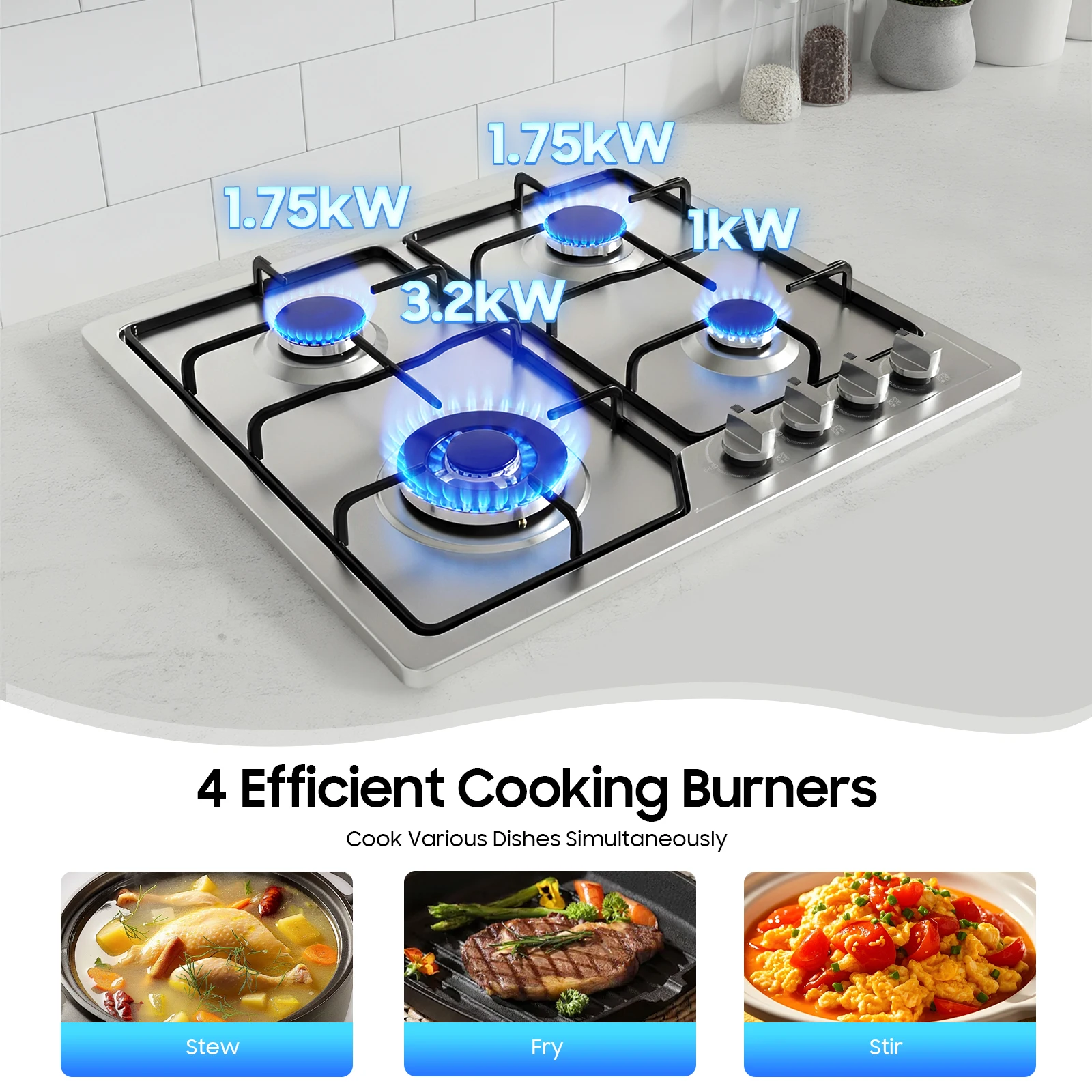 Gasherd, 4-Brenner, Gasherd aus Edelstahl mit Thermoelement, Flammendurchschlagschutzgerät, 4 Düsen, Topflappen Image