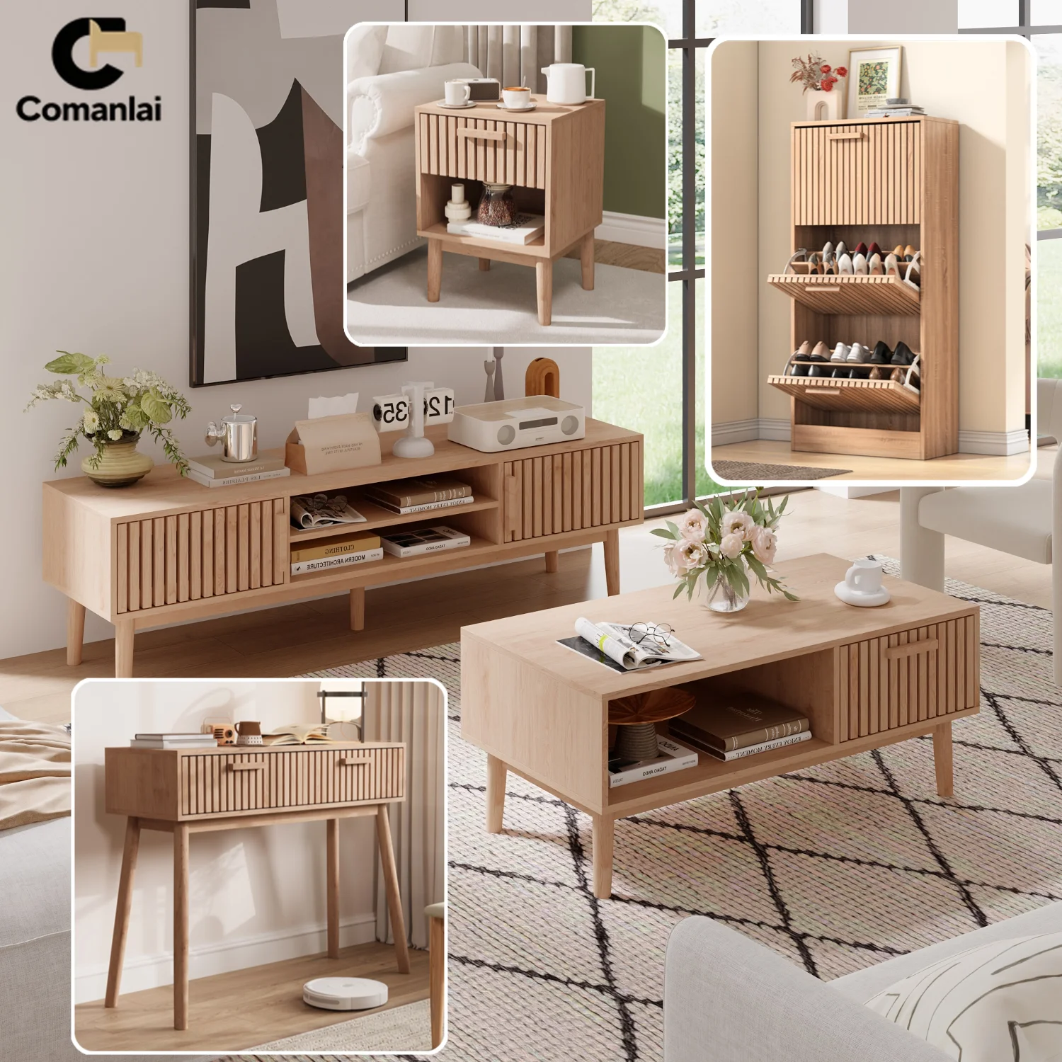 Comanlai Holz-Aufbewahrungsschrank Präsentationsständer Couchtisch TV-Schrank Schuhschrank Eingangsbereich-Tisch 2 Stück Nachttisch Raumdekoration