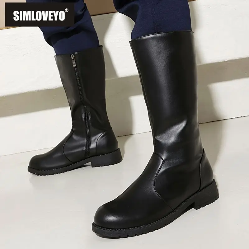 SIMLOVEYO Winter 2025 New Casual Men's Mid Calf Boots Round Toe Thick Heels 3cm Zipper Big Sizes 47 48 49 Retro Boots