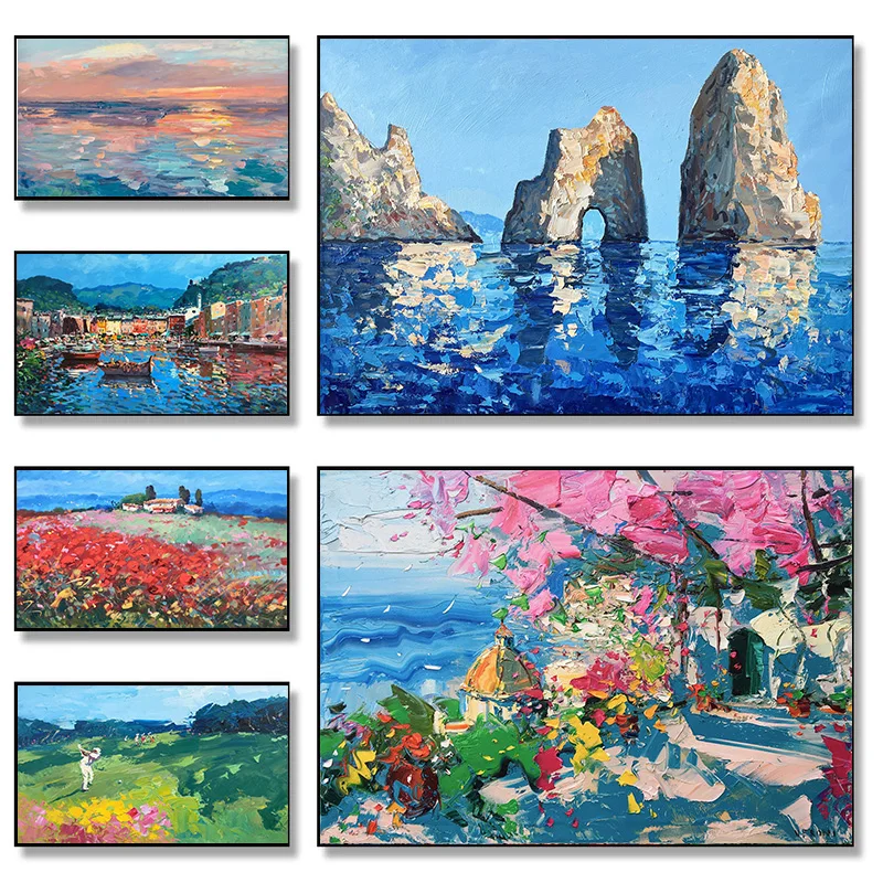 Landschaft Sonnenuntergang Ozean Meer Strand Capri Italien Portofino Rosen Floral Poster Wand Kunst Bilder Leinwand Malerei Zimmer Home Decor