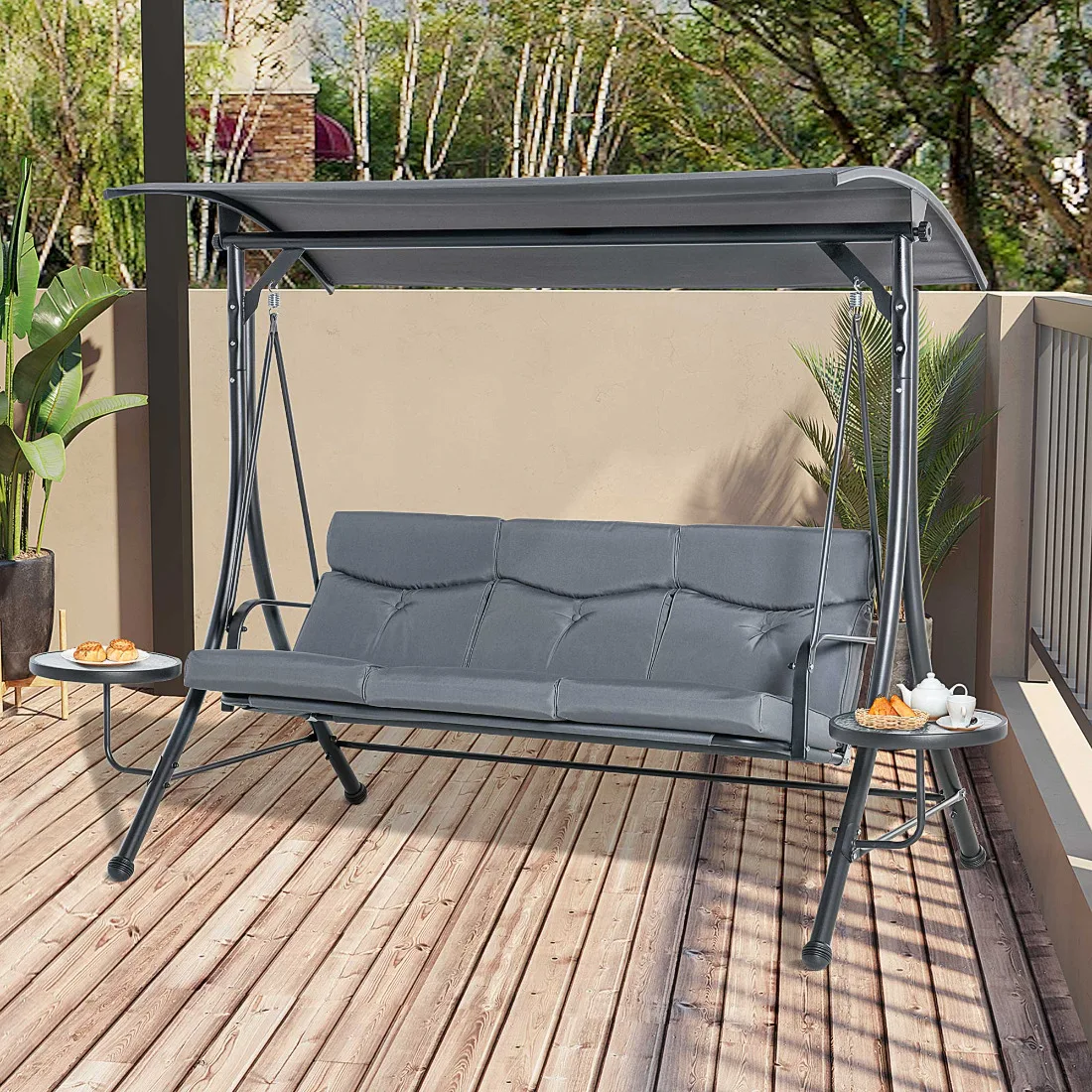 271x125x177cm Grau-Schwarze Hollywood-Schaukel mit 3 Sitzen - Verstellbares Verdeck, Tisch, Stahlrahmen, Polyester-Gartenschaukelbank