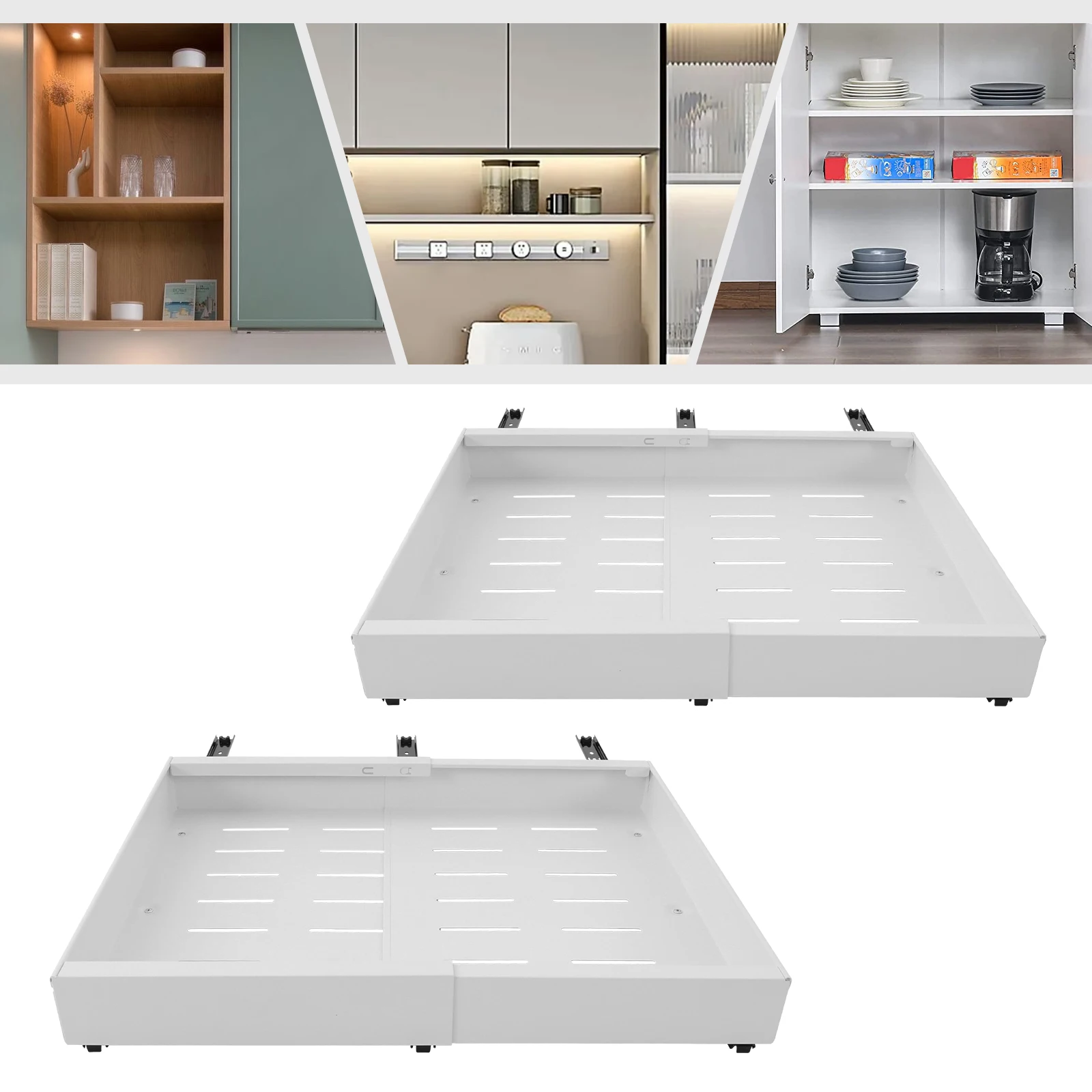 2er-Pack ausziehbare Teleskop-Schrank-Organizer, 32 cm–52 cm ausziehbare ausziehbare Schubladen für Küchenschränke, herausziehbar (weiß)