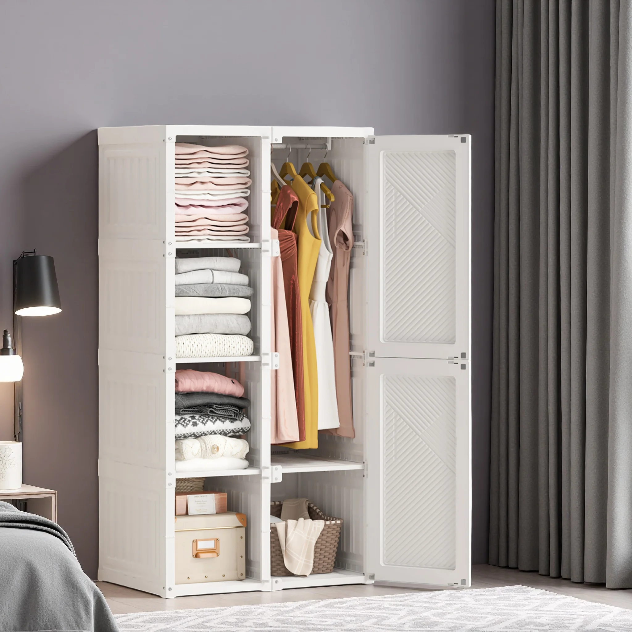 Comanlai Weißer Kleiderschrank, Faltbarer Aufbewahrungsschrank mit Kleiderstange, Schlafzimmerschrank, Mehrzweckschrank für Wohnzimmer, Schlafzimmer