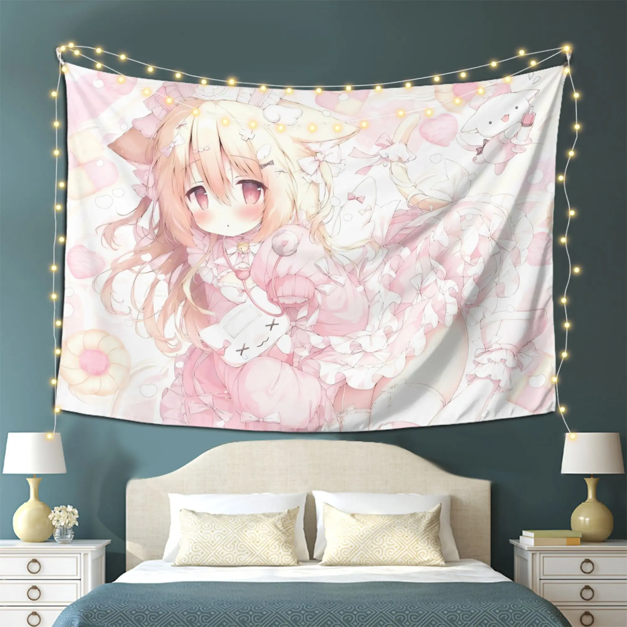 VIKAMA Niedlicher Anime-Katzenmädchen-Wandteppich – dekoratives Hängetuch für Mädchenschlafzimmer, Heimdekoration für Wohnzimmer, Spielzimmer Image