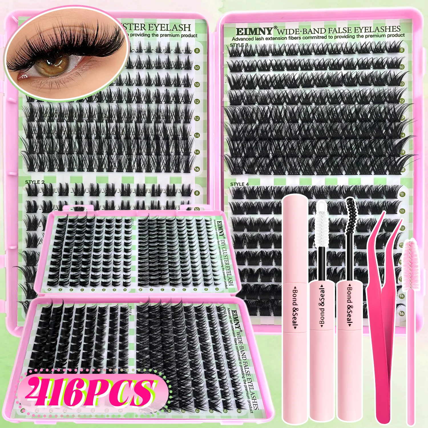 EIMNY 416-teiliges Set mit breiten künstlichen Wimpern, professionelle Cluster-Wimpern mit komplettem Zubehör für Wimpernverlängerungen in Salonqualität Image