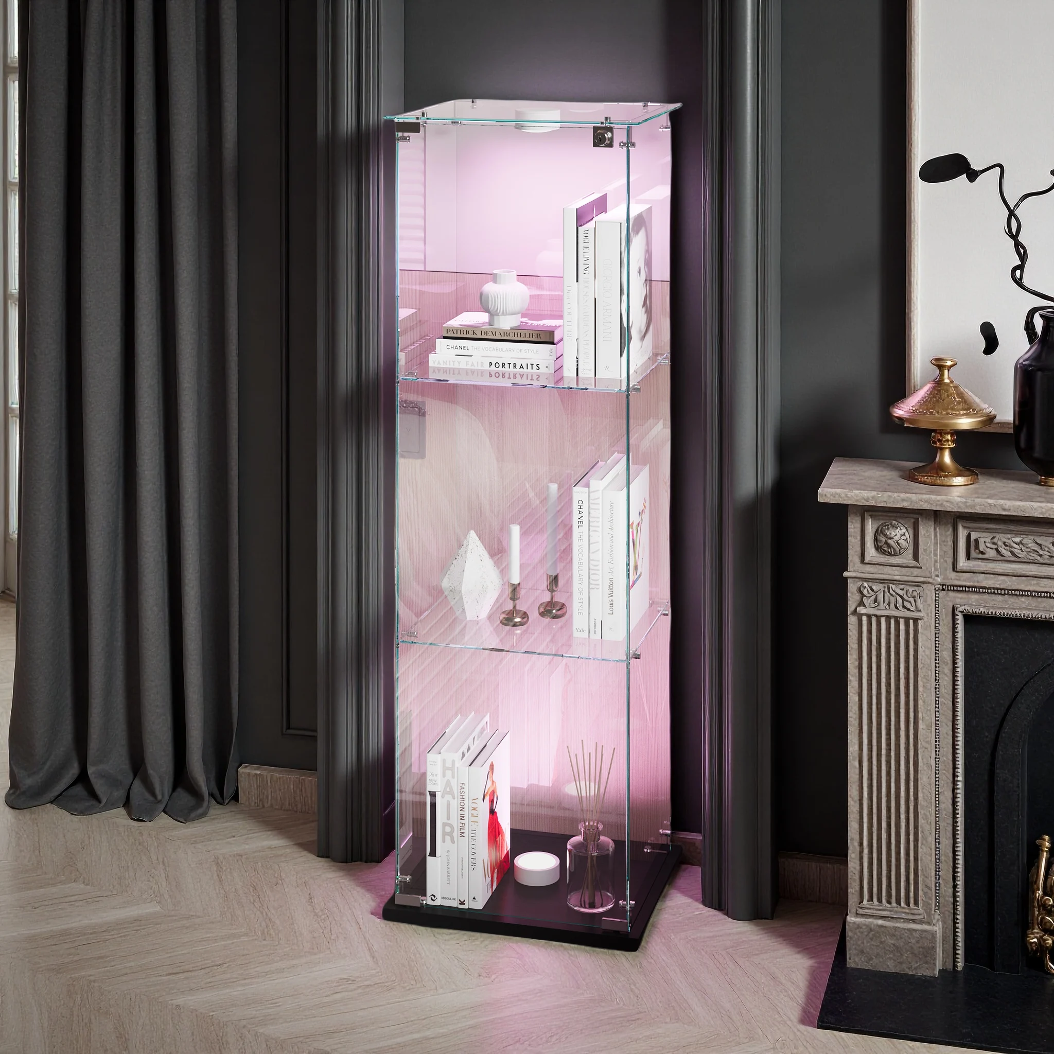 Anajqaqia 123,3×39,8×35 cm Glas-Vitrine, Dekorative Regale, mit LED-Beleuchtung, 3 Glaslagen, mit 1 Tür und Schloss Image