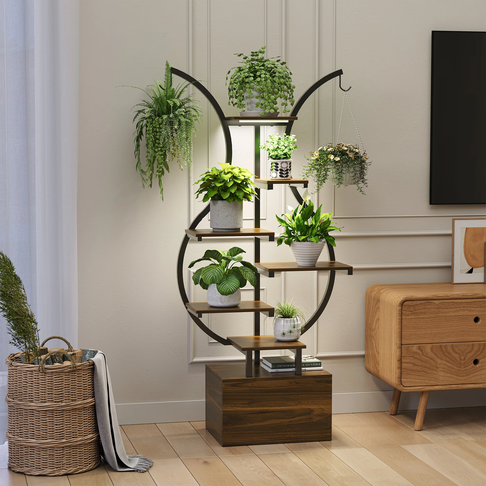 Comanlai Indoor-Pflanzenständer mit Wachstumslichtern, Gebogenes Blumenregal, Metall-Holz-Pflanzenregal für Innenbereich, Garten, Balkon, Wohnzimmer Image