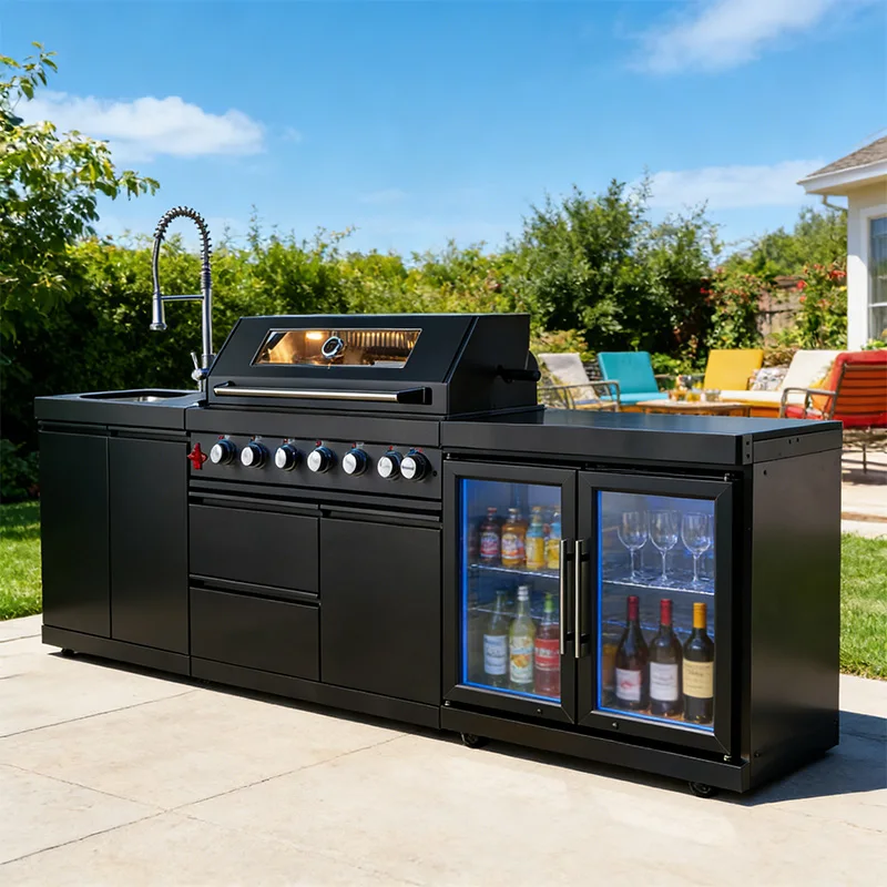 Edelstahl-Außenküche mit Grill und Kühlschrank, Kochfeld, Spüle, auf Rollen, für Garten und Terrasse Image